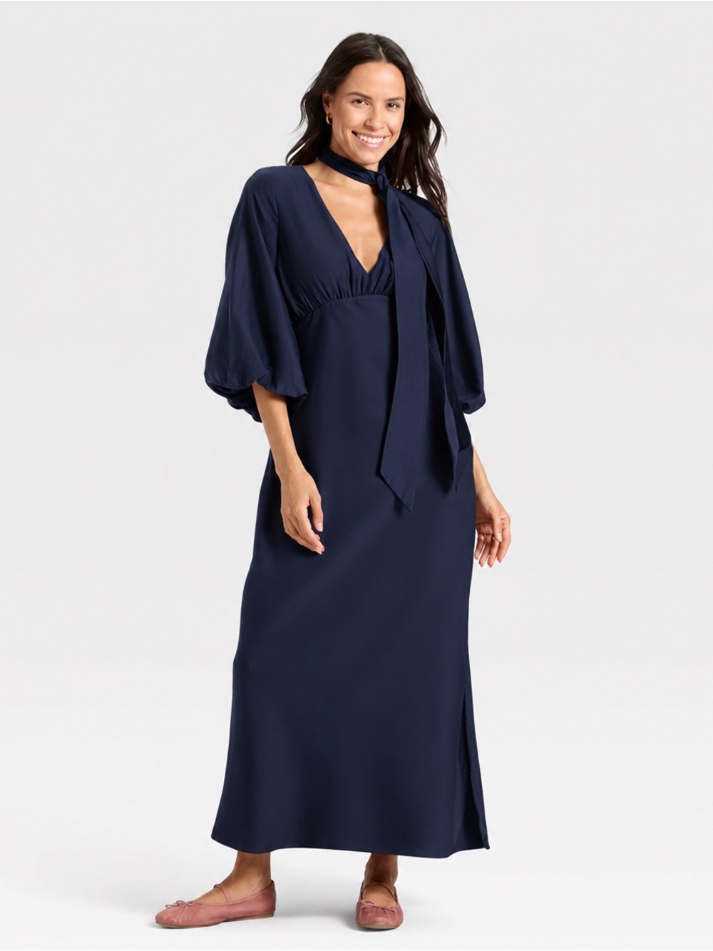 NWT A New Day Navy Tie Neck Maxi Dress Balloon Sleeves Boho